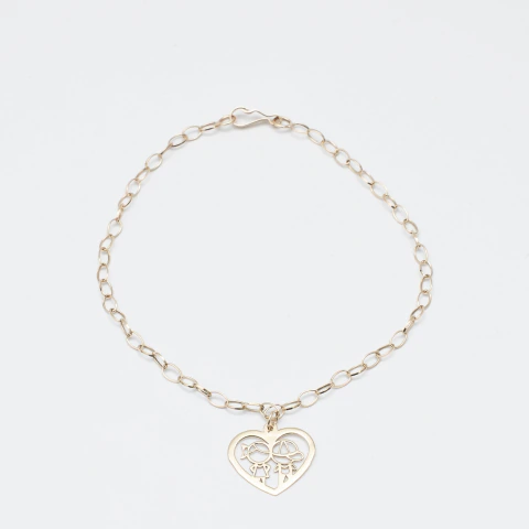 Pulseira Elo Arroz Coração com Menino e Menina Ouro Amarelo 10k