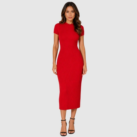 Vestido Longo Canelado Mangas Curtas e Gola Alta