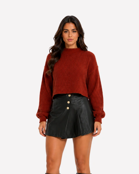 Cropped Feminino Canelado Manga Longa Decote Redondo - comprar online