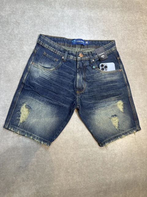 Bermuda Jeans Triunfe - Azul escuro - Rasgos/detalhes amarelados médios