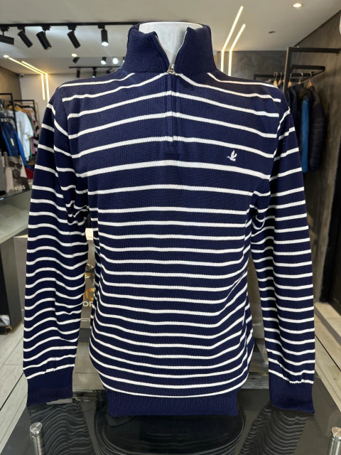 Sueter C/ Ziper Brooksfield - Azul Marinho - Listras Brancas