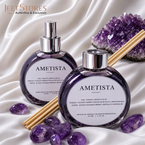 Kit Aromatizador de Ambiente com Ametista Natural Energizada – Spray + Difusor | Essência Violeta