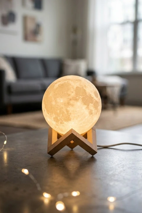 Luminária Lua 3D com Base de Madeira e Alimentação USB