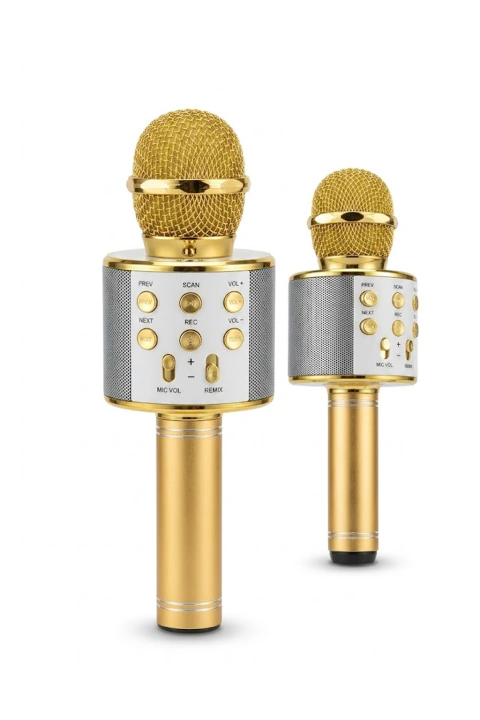 Microfone Bluetooth Karaokê Portátil Dourado com Alto-falante