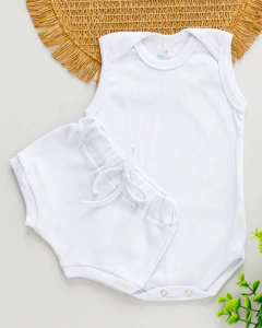 Conjunto Body Regata Canelado Bebê Branco com Tapa Fralda