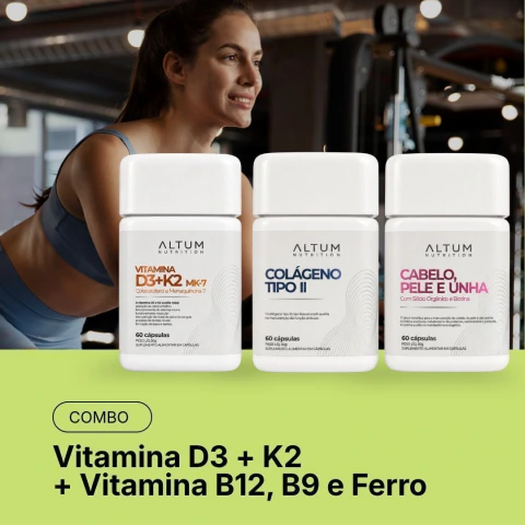 Combo VIT D3 + K2 MK-7 / Colágeno Tipo II / Cabelo, Pele e Unha - 60 Cápsulas