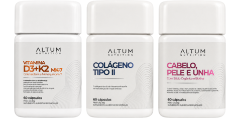Combo VIT D3 + K2 MK-7 / Colágeno Tipo II / Cabelo, Pele e Unha - 60 Cápsulas