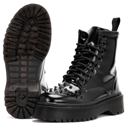 Imagem do Coturno Estilo Inglês Verniz Preto Spike Punk All Black