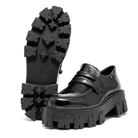 Sapato Mocassim Tratorado Briggite Estilo Veggie Verniz Preto - loja online