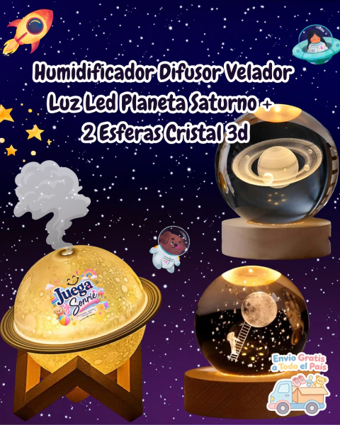 ¡HUMIDIFICADOR DIFUSOR VELADOR LUZ LED PLANETA SATURNO+2 ESFERAS DE CRISTAL 3D+ENVÍO GRATIS!!