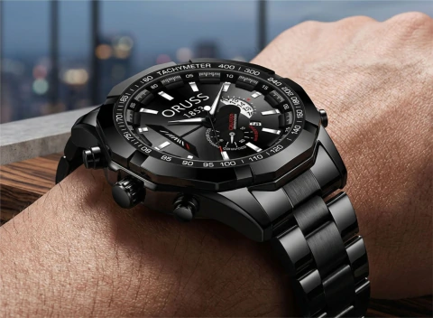 Relógio de Pulso "Preto" ORUSS masculino de Aço Inoxidável à Prova D'água Luxo Automático de Quartzo