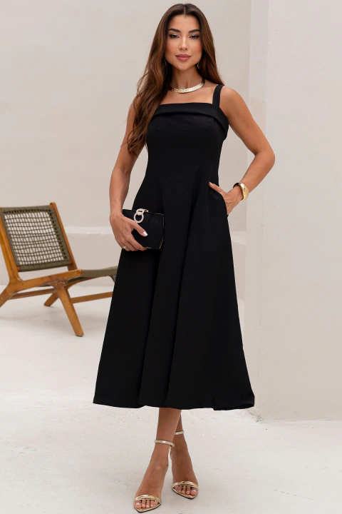Vestido Midi Teodora Rodado com Bolso Preto
