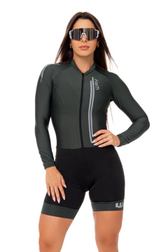 Macaquinho Ciclismo Feminino Forro em Gel - Air Pro Verde Militar Way Manga Longa
