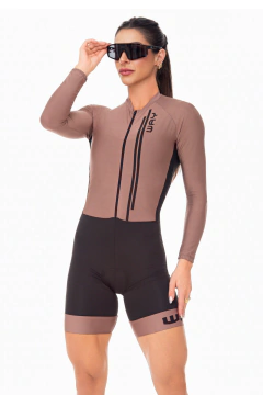 Macaquinho Ciclismo Feminino Forro em Gel - Air Pro Marrom Way Manga Longa