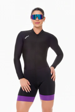 Macaquinho Ciclismo Feminino Forro em Gel - Preto e Roxo Manga Longa Way Fresh
