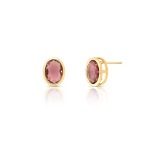 BRINCO PEQUENO PEDRA OVAL VAZADO LATERAL 15X12X7MM BANHO DOURADO - ROSA CLARO