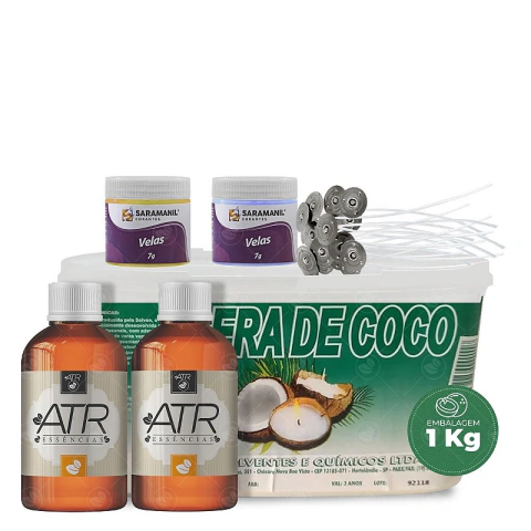 Combo Fabricação de Velas 1kg Cera de Coco + 2 Essências Óleo 100ml + 2 Corantes em Pó + 10 Pavios Parafinados