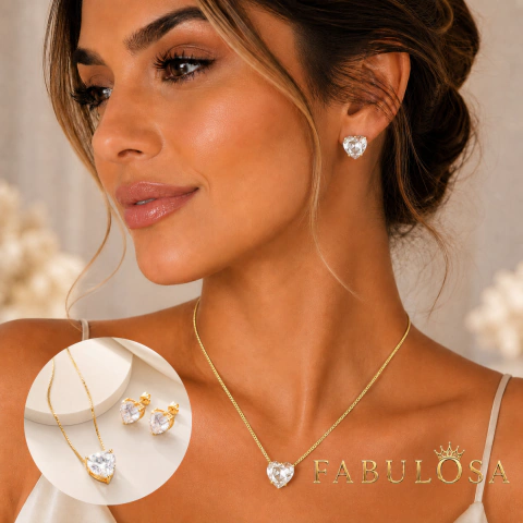 Conjunto Coração Folheado a Ouro 18K Com Pedras Em Zircônia