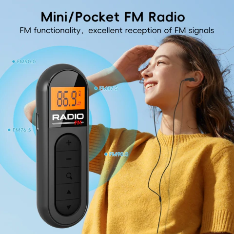 Mini Rádio FM Portátil Recarregável com Clipe – Leve seu Som para Todos os Lugares