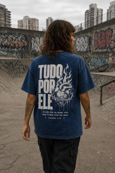 Camiseta Azul Estonado Básica - Tudo por Ele