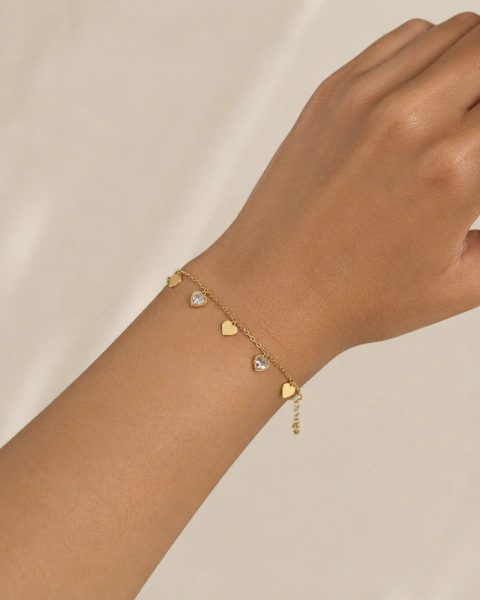 Pulseira Dourada com Corações e Pontos de Luz em Aço Inoxidável
