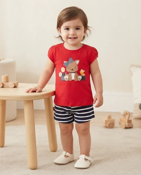 Conjunto Infantil Feminino Gatinha Vermelho e Marinho – Boca Grande