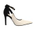 Scarpin feminino da marca Bebecê em design bocolor off-white e preto, confeccionado em material sintético com bico fino elegante em acabamento liso e calcanhar fechado em acabamento aveludado estilo nobuck/camurça.