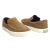 Tênis masculino estilo slip-on da marca Aramis na cor marrom/caramelo, confeccionado em camurça macia com acabamento refinado e costura destacada ao redor do cabedal.