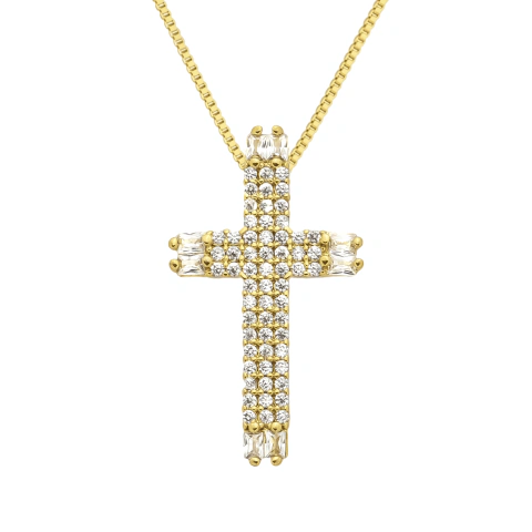 Colar Dourado de Cruz Cravejado de Zircônia