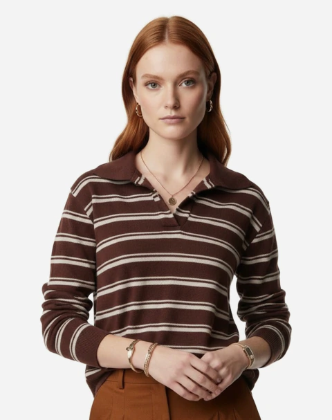Blusa Polo Manga Longa de Tricot - Marrom