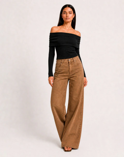 Calça Wideleg de Sarja - Caramelo