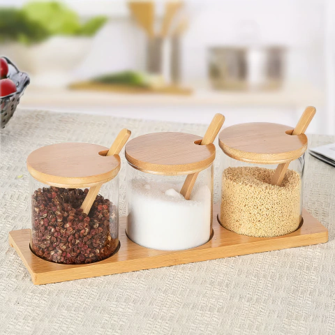 Contenedor x3 plástico con tapa en bambú y cuchara