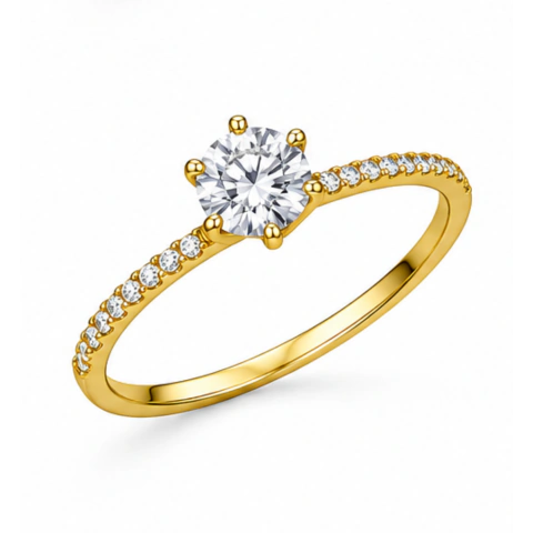Anel Solitário Ouro 18k com Moissanite 5mm e Pedras Laterais 1,30mm Certificado GRA