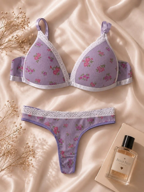 Conjunto floreado con puntilla. Corpiño tazasoft y colaless