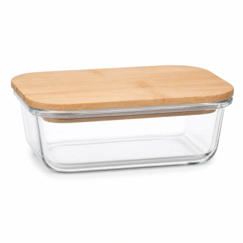 Pote de Vidro Hermético com Tampa de Bambu 1000ml Retangular