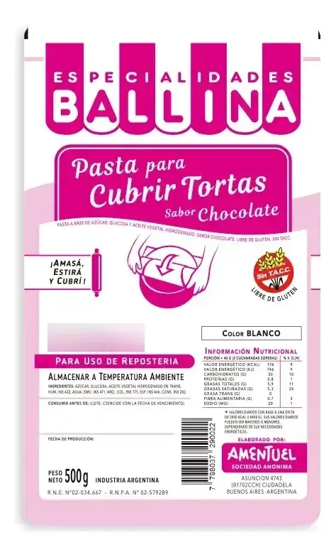 Pasta Ballina Chocolate Cubre Tortas 500grs Blanco
