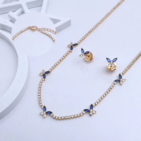 Conjunto Riviera com Borboletas Cravejadas Cristal Safira