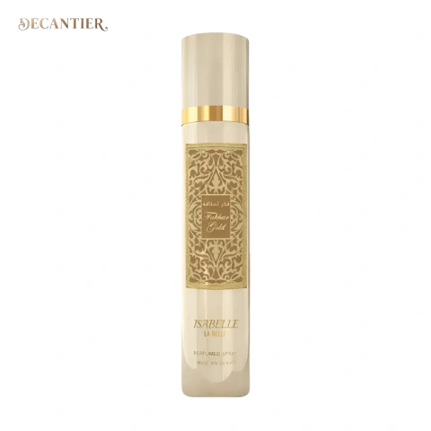 Frasco do Body Splash Fakhar Gold Isabelle La Belle em tom bege com detalhes dourados e design oriental luxuoso