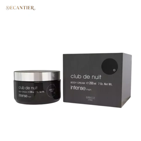 Creme hidratante Club de Nuit Intense man em pote preto com tampa prata ao lado de embalagem preta