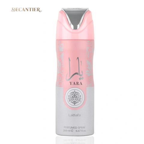 Desodorante corporal perfumado Yara Rosa da Lattafa em embalagem spray rosa e branca de 200ml