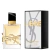 Frasco de perfume Yves Saint Laurent Libre Eau de Parfum ao lado da embalagem preta e branca com detalhes dourados