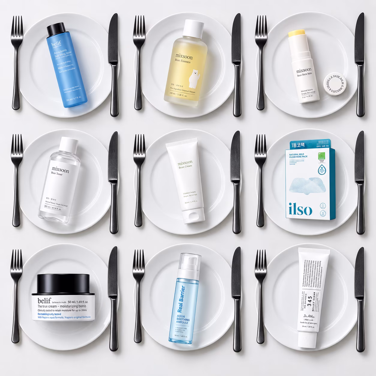 Selección de productos Clean K-Beauty sobre platos blancos