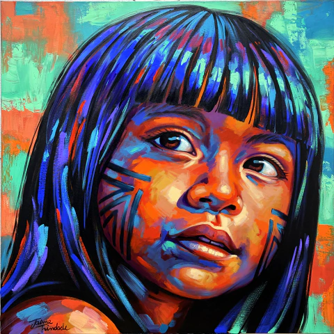 Alma Azul, Retrato Indígena em Acrílica 100x100cm - 735
