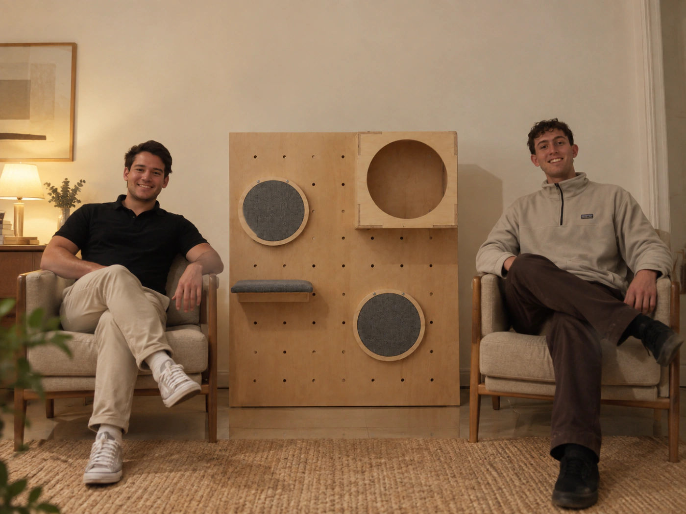 Gianfranco y Martín, fundadores de KUMI, junto a un gimnasio de pared KUMI