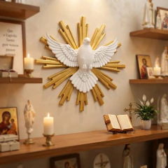 Divino Espírito Santo Escultura Decoração Parede 22x22cm Branco E Dourado - loja online