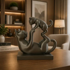 Escultura Decorativa Gata Com Filhote 3d 14cm Preto