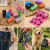 Rollos de bolsas para heces de perro en varios colores con estampado de huellas, mostrando su uso y dispensador portátil