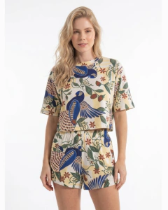 Conjunto Estampado Tropical Com Short Estilo Farm Verão