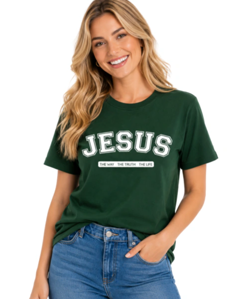 Camiseta Feminina 100% Algodão - Verde - Jesus - The Way, The truth, The life