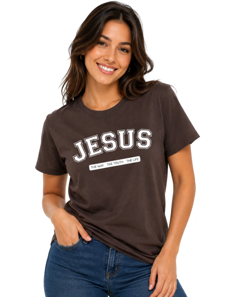 Camiseta Feminina 100% Algodão - Marrom - Jesus - The Way, The truth, The life